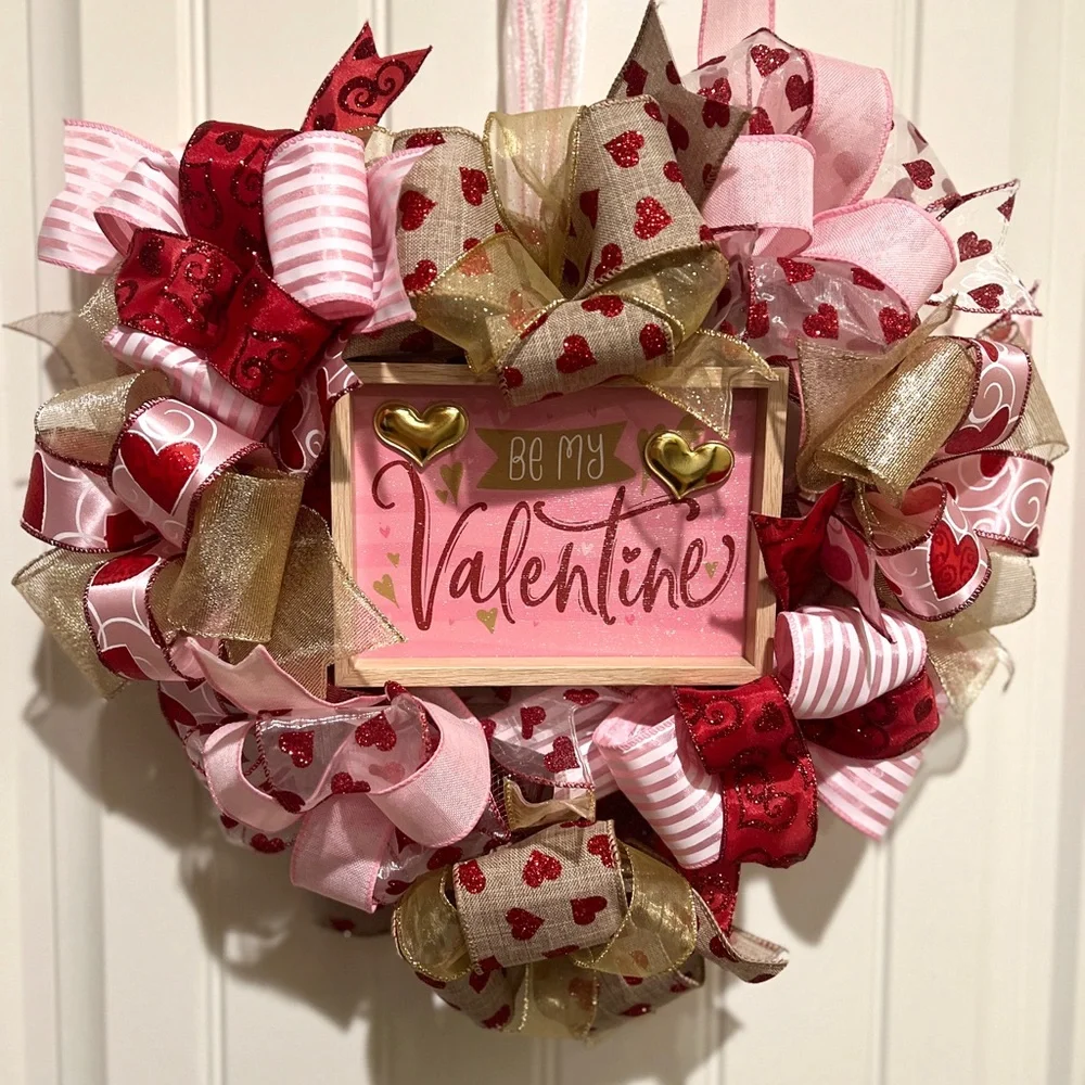 Handmade 17” Valentine’s Day Ribbon Wreath Hearts in Red & White w27